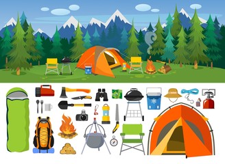 Camping supplies, tools and equipment banners set vector illustration. Composition consists of templates with tent, sleeping bag, travel backpack, cauldron, cable on white background and nature - obrazy, fototapety, plakaty