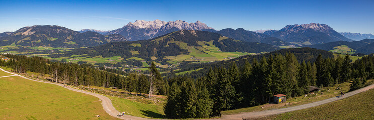 Fototapeta na wymiar High resolution stitched panorama of a beautiful alpine view at Fieberbrunn, Tyrol, Austria