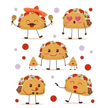 Cute and fun positive taco character set vector illustration. Collection consists of cartoon smiling yummy mexican dish with fried tortilla for creative design. Isolated on white