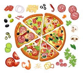 Pizza constructor with different ingredients vector illustration. Slice of fast food with vegetables and meat on bun. Pizzeria dish with cheese, ketchup and olive symbols