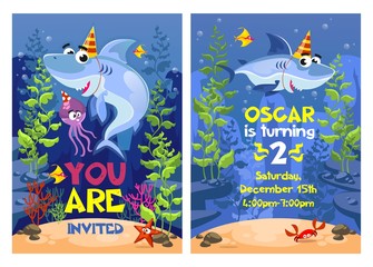 Shark party invitation with starfish, crab and devilfish vector illustration. Poster you are invited with underwater animals near aqua plants. Postcard oscar in turning with ocean characters