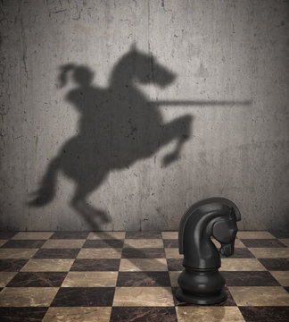 The concept of the hidden potencial. A chess knight that throws the shadow of a knight on a horse. 3D illustration