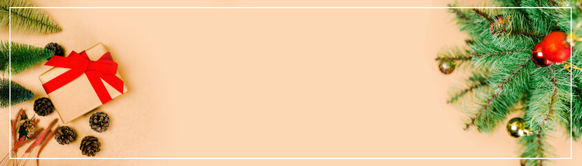 web banner minimal flat lay decorate for autumn to christmas and new year celebrate design from gift box and pine christmas tree on light glitter gold background