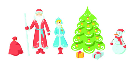 New Year's holiday set of Russian Santa Claus, Snow Maiden, Christmas tree, gifts and a snowman, isolated on white background. Vector illustration in flat style.