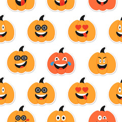 Pumpkin Emoji Seamless Pattern. Halloween Happy Pumpkins characters. Thanksgiving planner Sticker. Laughing with tears of Joy, Friendly Faces. Orange Squash Smiles for messenger.