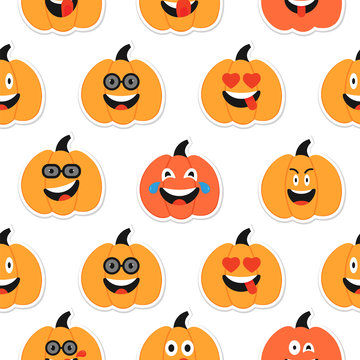 Pumpkin Emoji Seamless Pattern. Halloween Happy Pumpkins characters. Thanksgiving planner Sticker. Laughing with tears of Joy, Friendly Faces. Orange Squash Smiles for messenger.