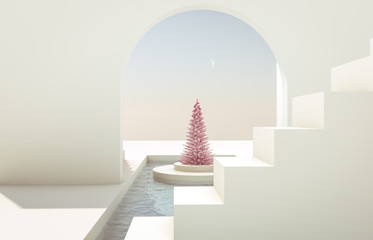 Scene with geometrical forms, arch with a podium in natural day light. minimal landscape with Christmas tree background. 3D render background.
