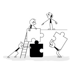Doodle stick figure: Business concept. Team metaphor. people connecting puzzle elements. Vector.