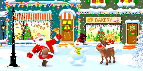 Happy Santa, reindeer and snowman celebrate Christmas on a city street