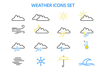 Symbols and icons. Weather icons set on white background. Flat style. Sign collection. Climate.