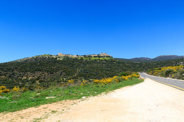 Castle Nimrod Fortress and street on Golan Heights in Israel