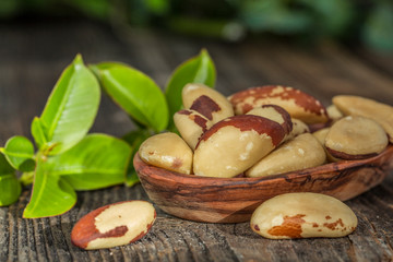 Bertholletia.Brazil nuts on wooden texture