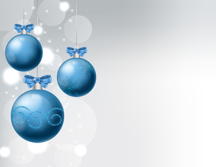 Fototapeta na wymiar Blue baubles with ribbon and christmas ornaments drawings. White background with bokeh. Christmas vector