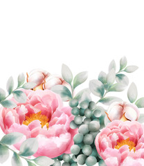 Watercolor greeting card with cotton, peony flowers, leaves and berries. Vector