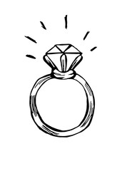 A ring with a diamond. Black and white contour doodle illustration isolated. EPS 10 vector