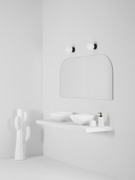 Ceramic bowl placed on simple shelf against white wall in bathroom with mirror