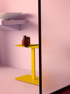 Cosmetic product on table in restroom