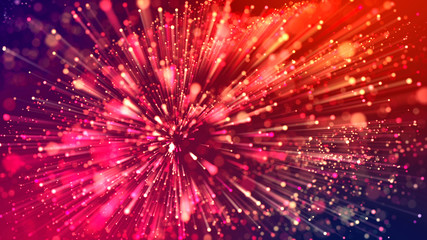 Abstract explosion of multicolored shiny particles or light rays like laser show. 3d render abstract beautiful background with light rays colorful glowing particles, depth of field, bokeh.