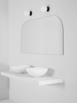Ceramic bowl placed on simple shelf against white wall in bathroom with mirror