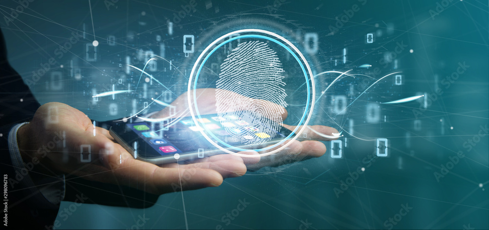 Poster businessman holding a digital fingerprint identification and binary code 3d rendering