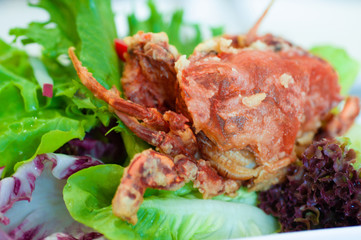 Close up soft shell crab salad healthy food.