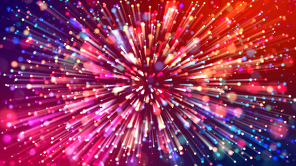 Fototapeta na wymiar Abstract explosion of multicolored shiny particles or light rays like laser show. 3d render abstract beautiful background with light rays colorful glowing particles, depth of field, bokeh.
