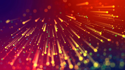 Fototapeta premium Abstract explosion of multicolored shiny particles or light rays like laser show. 3d render abstract beautiful background with light rays colorful glowing particles, depth of field, bokeh.