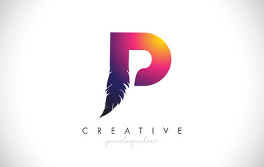 Fototapeta premium P Feather Letter Logo Icon Design With Feather Feathers Creative Look Vector Illustration