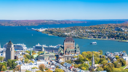 Quebec City, panorama of the town, with the Saint-Laurent river in background - obrazy, fototapety, plakaty