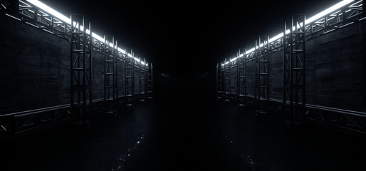 Sci Fi Futuristic Stage Construction Tunnel Dark Corridor Steel White Lights Empty Background Underground Garage Hall Cement Concrete Grunge 3D Rendering