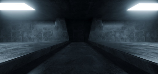 Sci Fi Futuristic Background Concrete Grunge Column Pillars Dark Underground Hall Corridor Tunnel Led Lights Laser White Blue Reflection Alien 3D Rendering