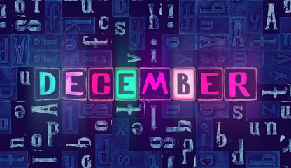 Word December month as neon glowing letters with light symbols over dark abstract background pattern