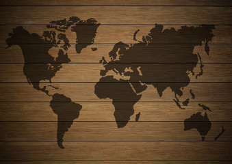 world map overlaid on brown wooden texture patterned background