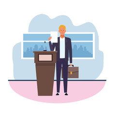 cartoon businessman and conference podium
