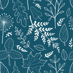 Herbs and wild flowers seamless pattern on dark background. Hand drawn vector botany texture. Seasonal decor texture for wall art, fabric or wrapping paper designs