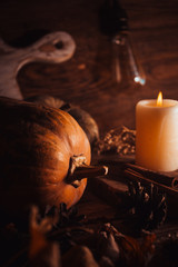 Autumn still life, pumpkins, light bulb and dry leaves on rustic background