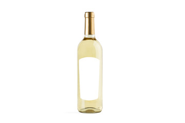 Botella de vino blanco con etiqueta blanca sobre fondo blanco aislado. Vista de frente. Copy space