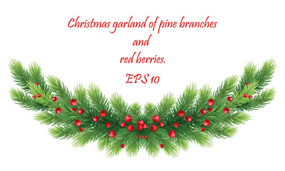 Lush festive spruce garland decorated with red berries. Natural winter decor. EPS 10 vector