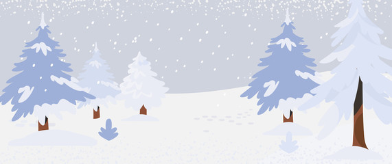 Vector illustration of a winter landscape with a fir-tree forest covered with snow. Snowy scenery that can be used as a banner, flyer, poster or landing page background.