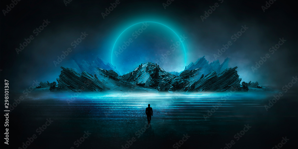 Wall mural modern futuristic neon abstract background. large object in the center, space background. dark scene