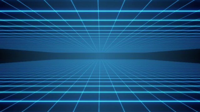 Flying in a retro 80s style tunnel with blue neon nets and lines.