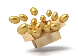 3d rendering of cardboard box full of golden eggs in mid-air.