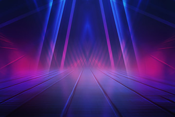 Empty background scene. Dark street reflection on wet asphalt. Rays of neon light in the dark, neon shapes, smoke. Background of an empty stage show. Abstract dark background.