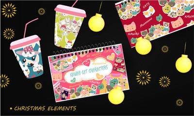 Fototapeta na wymiar Christmas elements with cute, funny notepad, cup in Kawaii style, Christmas balls