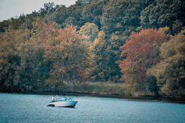 Fototapeta na wymiar Speedboat in lake Ontario in autumn. Colourful vivid trees. Canada Usa.