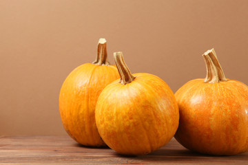 pumpkins on a colored background. Thanksgiving background. Autumn background.