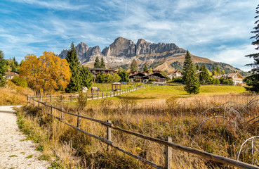 Fototapeta na wymiar Landscape of Carezza or Karersee village in South Tyrol with Dolomites in background, Italy