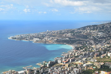 View of Jounieh and Mediterranean sea, Harissa, Lebanon