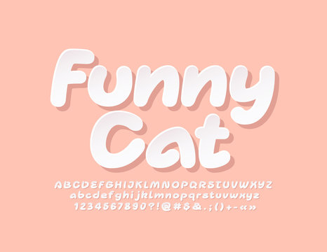 Vector Cute Logo Funny Cat. Creative White Font. Lovely Alphabet Letters, Numbers And Symbols Set