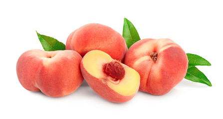 Ripe chinese flat peach fruit and half with leaf isolated on white background
